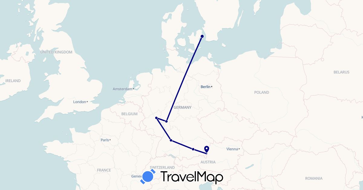 TravelMap itinerary: driving in Austria, Germany, Denmark (Europe)